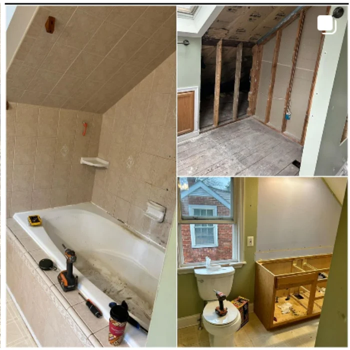 Collage showing a built-in bathtub, opened bathroom walls and a vanity with its top removed during renovation.